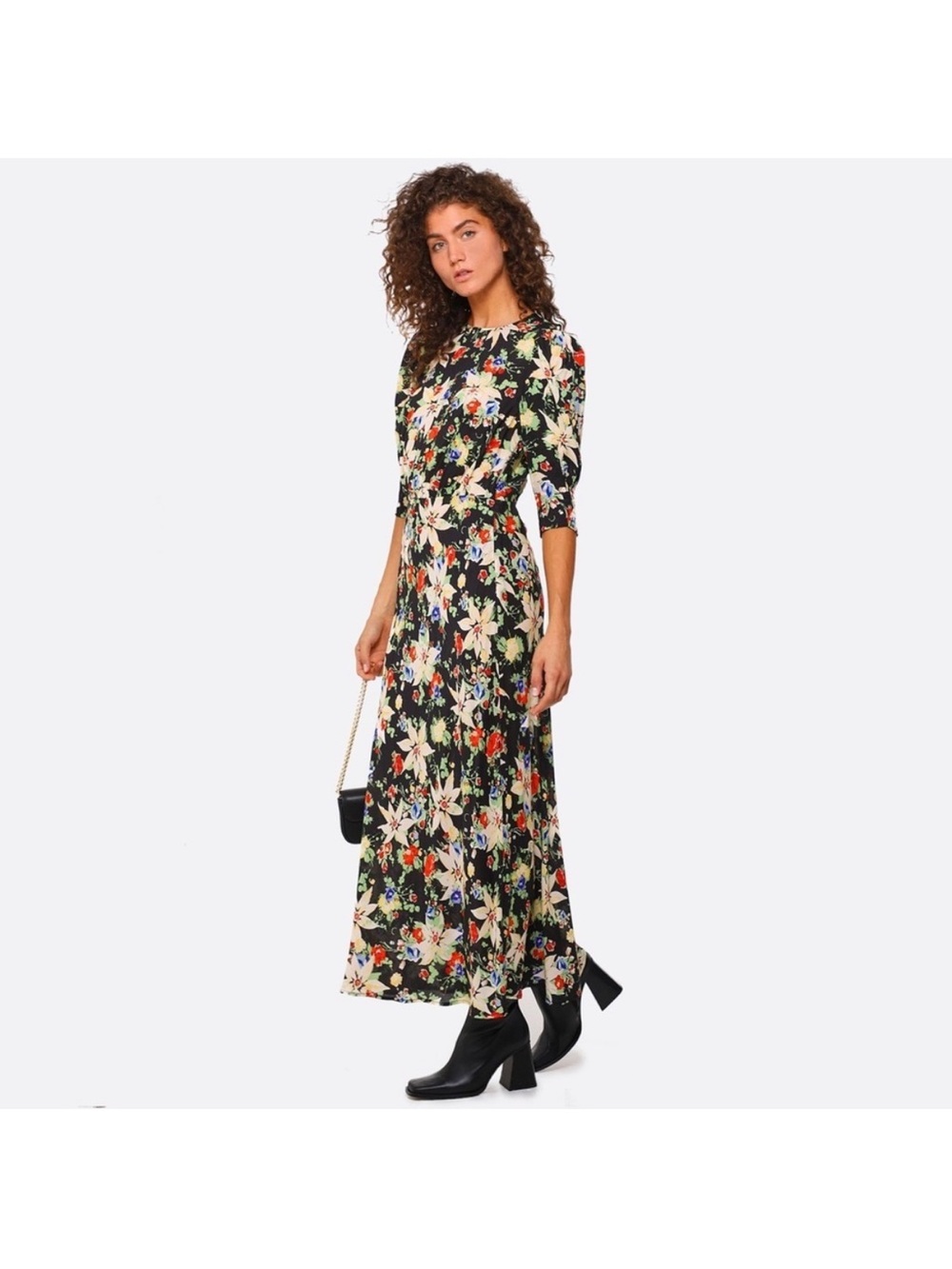 RIXO Lucile Black Floral Midi Dress